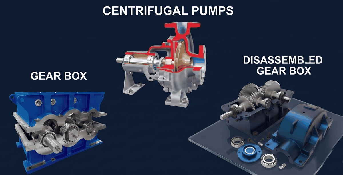Centrifugal Pumps, Gear Box and Disassembled Gear Box